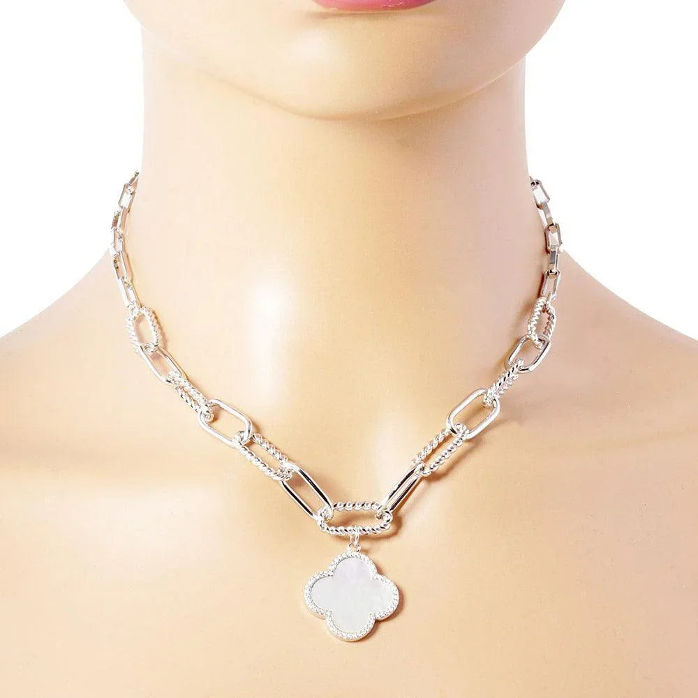 White White Gold Dipped Quatrefoil Pendant Paperclip Chain Necklace - Jewelry Store by Erik Rayo