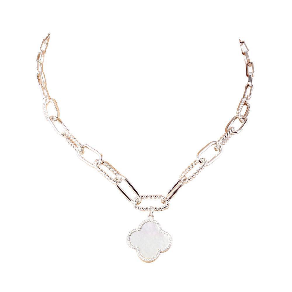 White White Gold Dipped Quatrefoil Pendant Paperclip Chain Necklace - Jewelry Store by Erik Rayo
