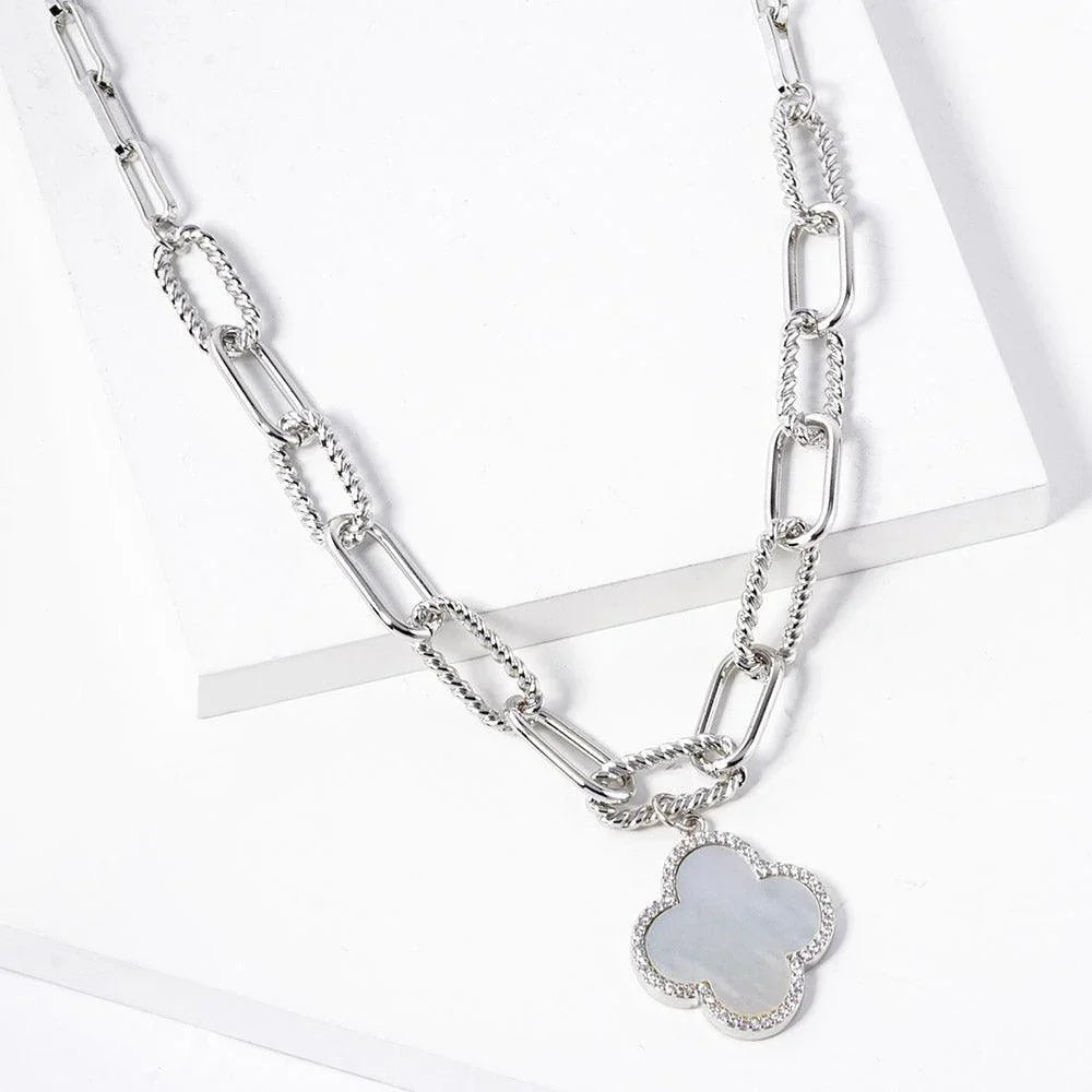 White White Gold Dipped Quatrefoil Pendant Paperclip Chain Necklace - Jewelry Store by Erik Rayo