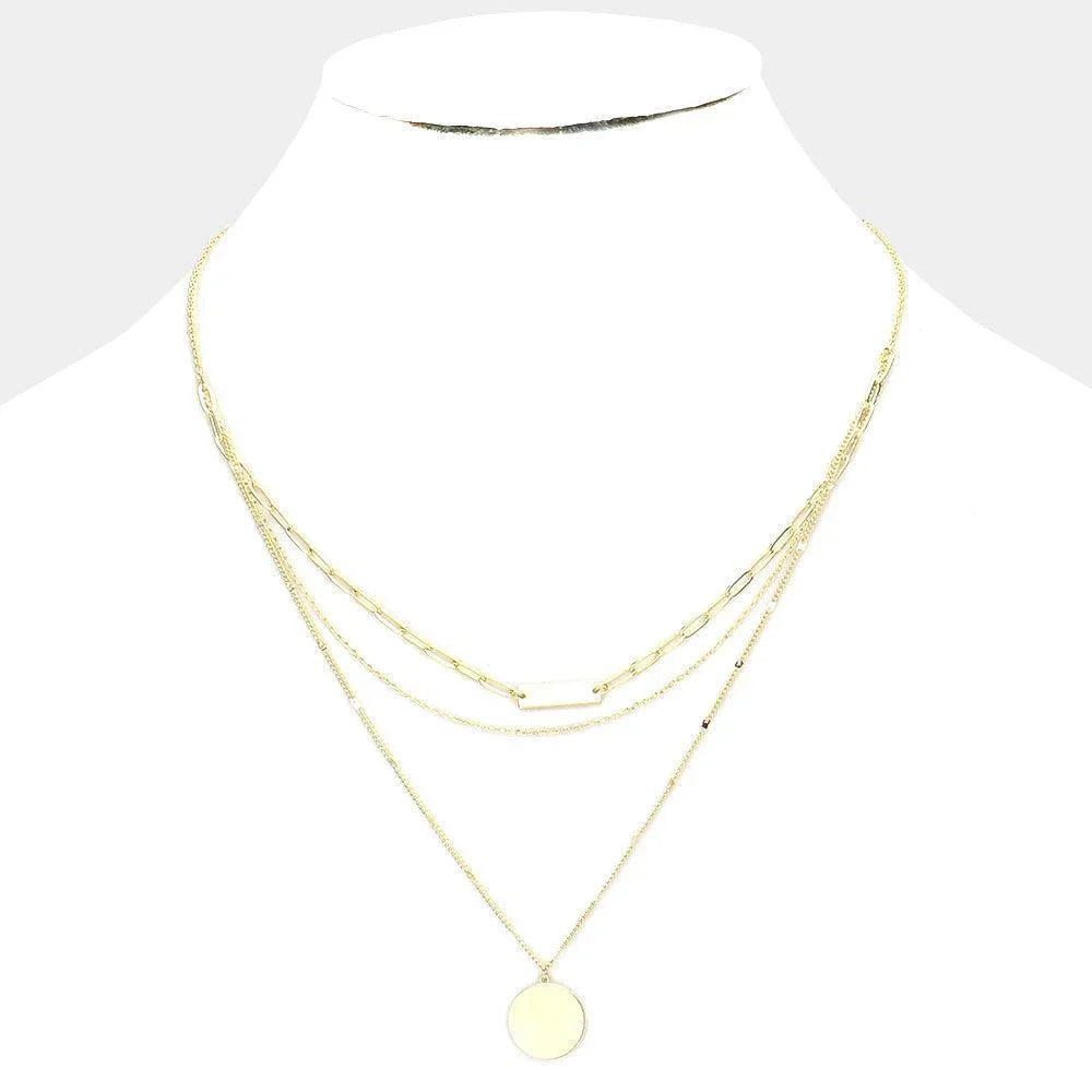 Gold Brass Metal Rectangle Disc Pendant Triple Layered Necklace - Jewelry Store by Erik Rayo