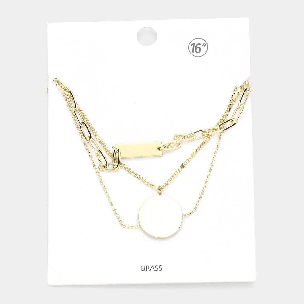 Gold Brass Metal Rectangle Disc Pendant Triple Layered Necklace - Jewelry Store by Erik Rayo