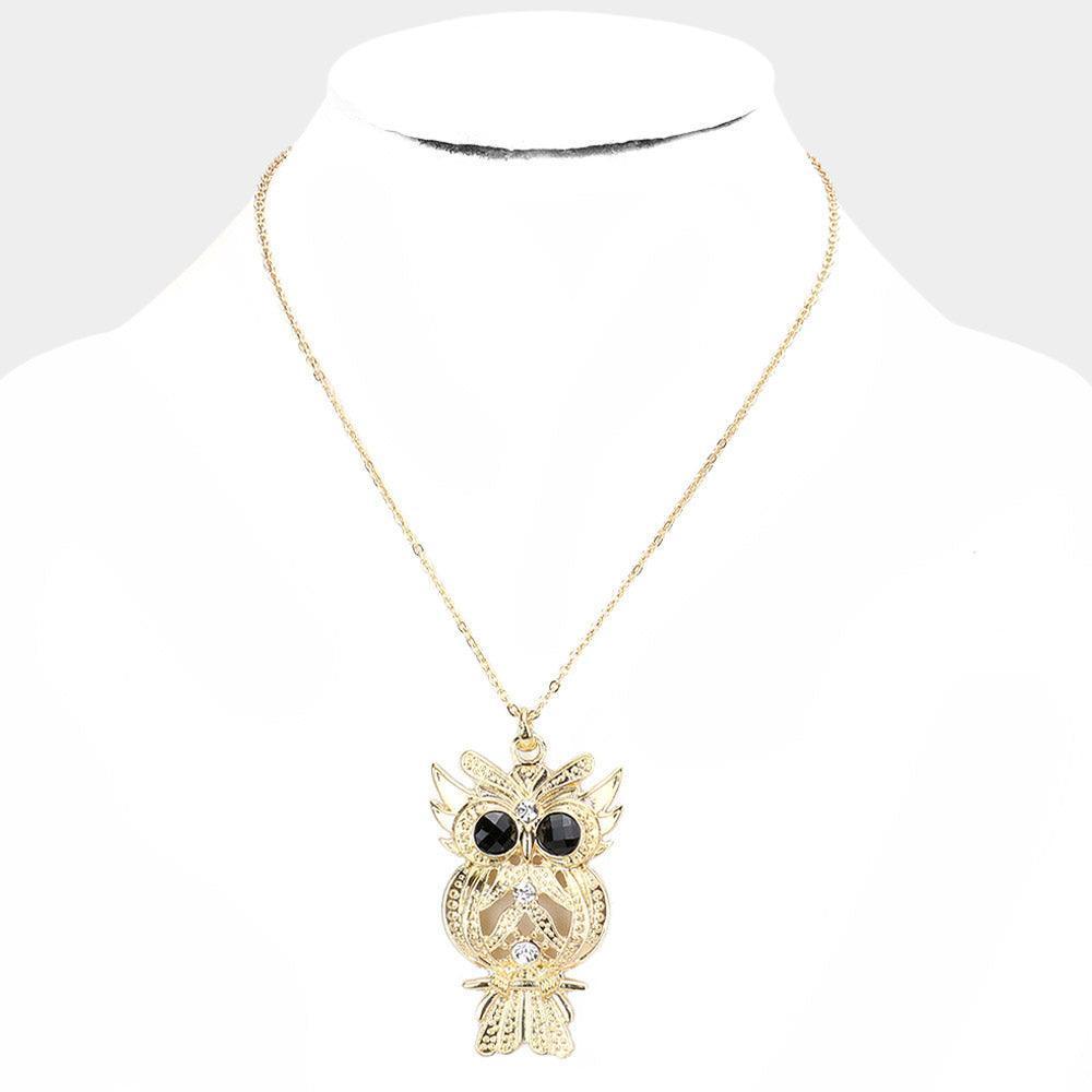 Gold Stone Embellished Metal Owl Pendant Necklace - Jewelry Store by Erik Rayo