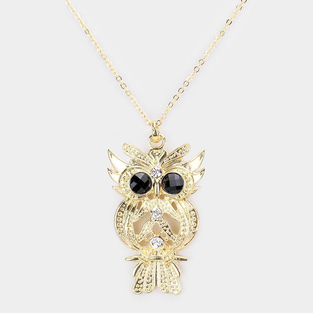 Gold Stone Embellished Metal Owl Pendant Necklace - Jewelry Store by Erik Rayo