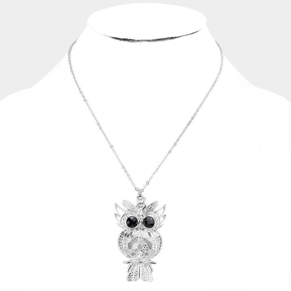 Silver Stone Embellished Metal Owl Pendant Necklace - Jewelry Store by Erik Rayo