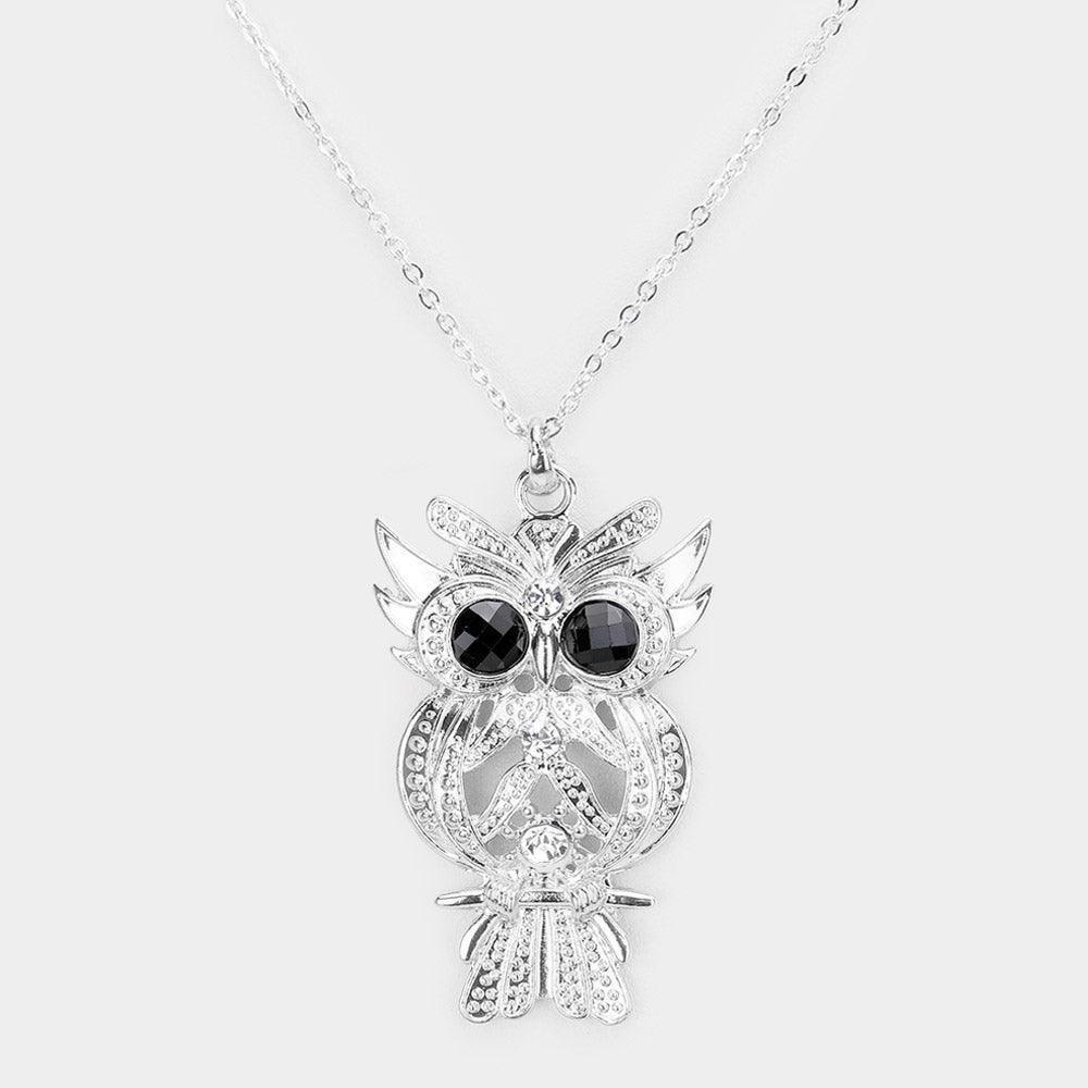 Silver Stone Embellished Metal Owl Pendant Necklace - Jewelry Store by Erik Rayo