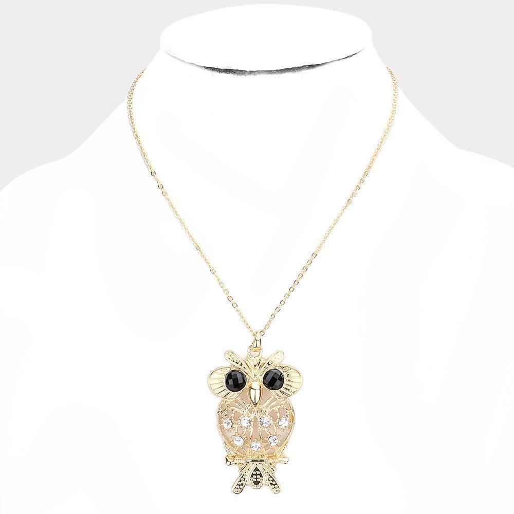 Gold Stone Embellished Metal Owl Pendant Necklace - Jewelry Store by Erik Rayo