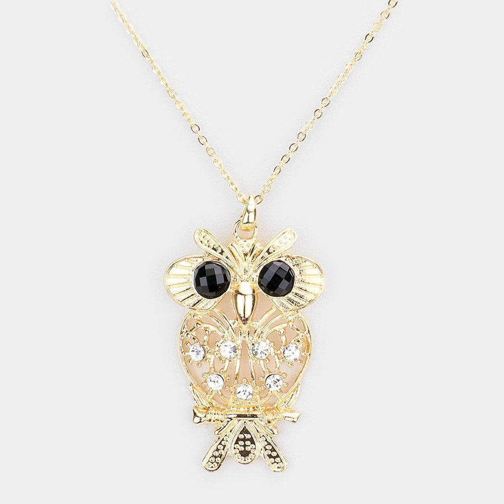 Gold Stone Embellished Metal Owl Pendant Necklace - Jewelry Store by Erik Rayo