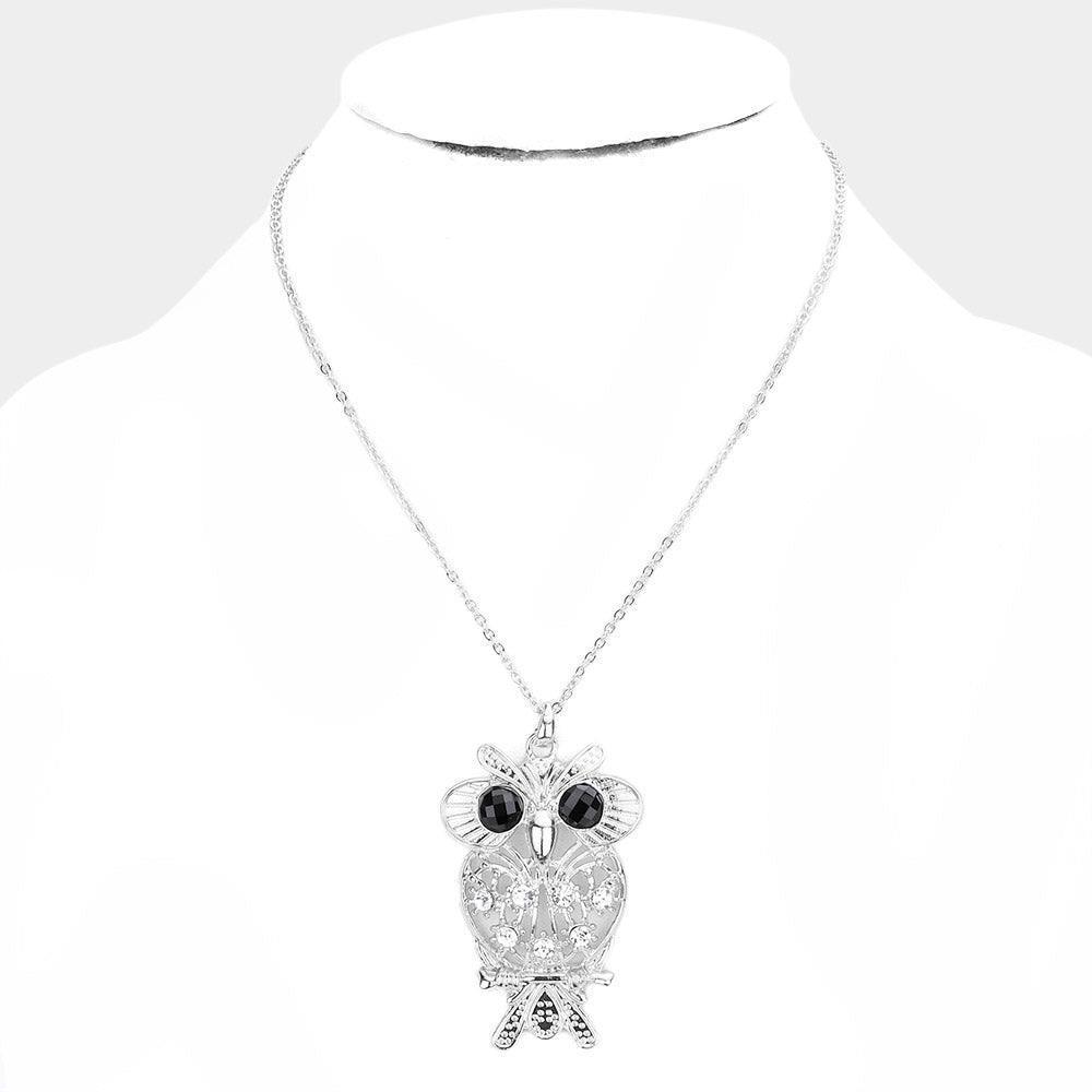 Silver Stone Embellished Metal Owl Pendant Necklace - Jewelry Store by Erik Rayo