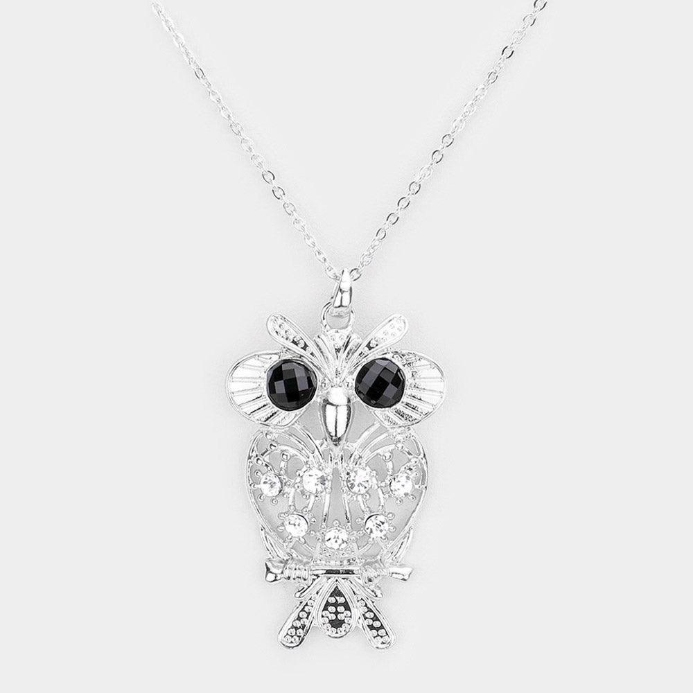 Silver Stone Embellished Metal Owl Pendant Necklace