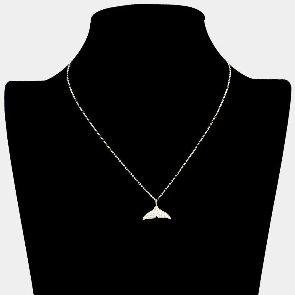 Gold Brass Metal Stone Paved Whale Tail Pendant Necklace - Jewelry Store by Erik Rayo