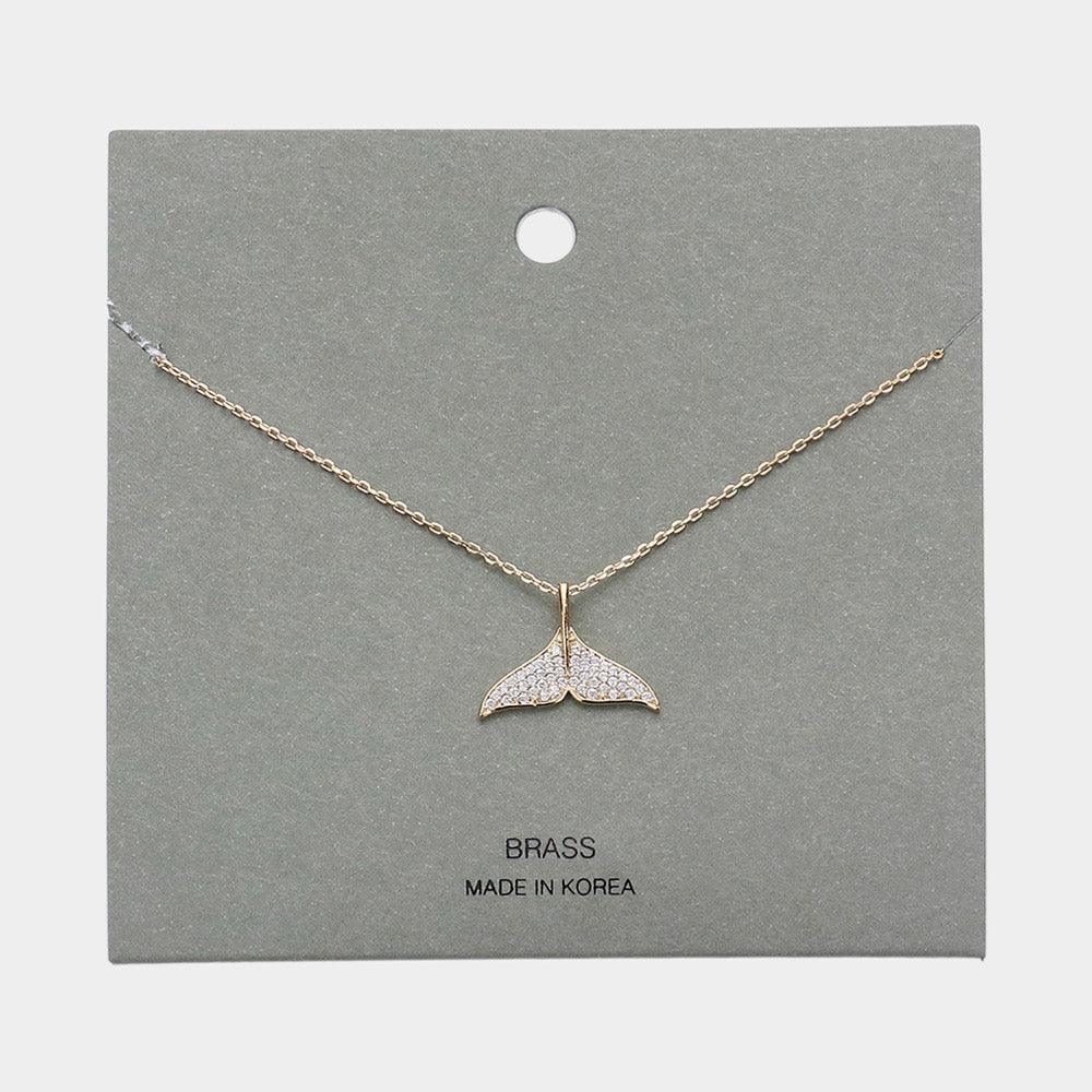 Gold Brass Metal Stone Paved Whale Tail Pendant Necklace - Jewelry Store by Erik Rayo