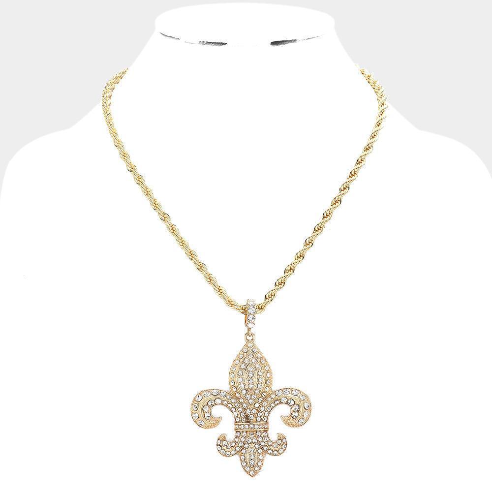 Gold Rhinestone Embellished Fleur de Lis Pendant Necklace - Jewelry Store by Erik Rayo