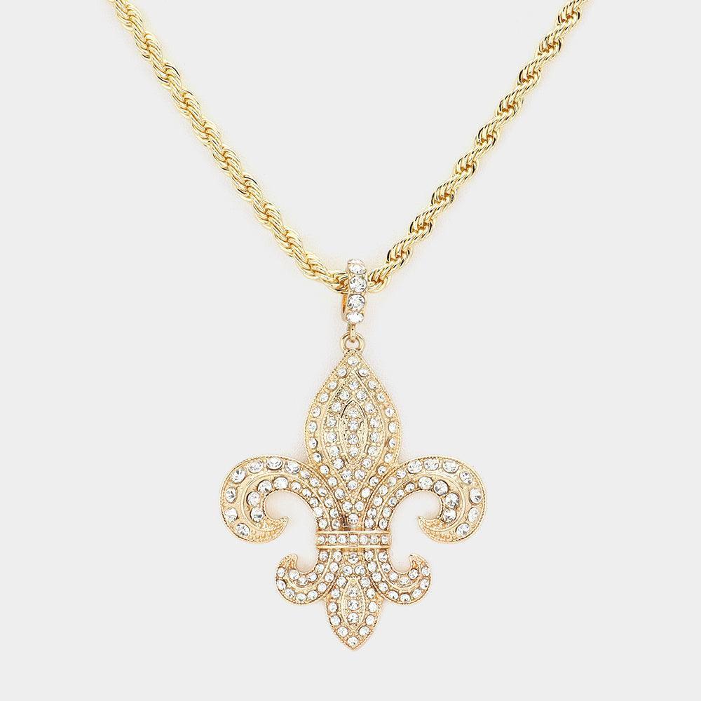 Gold Rhinestone Embellished Fleur de Lis Pendant Necklace - Jewelry Store by Erik Rayo