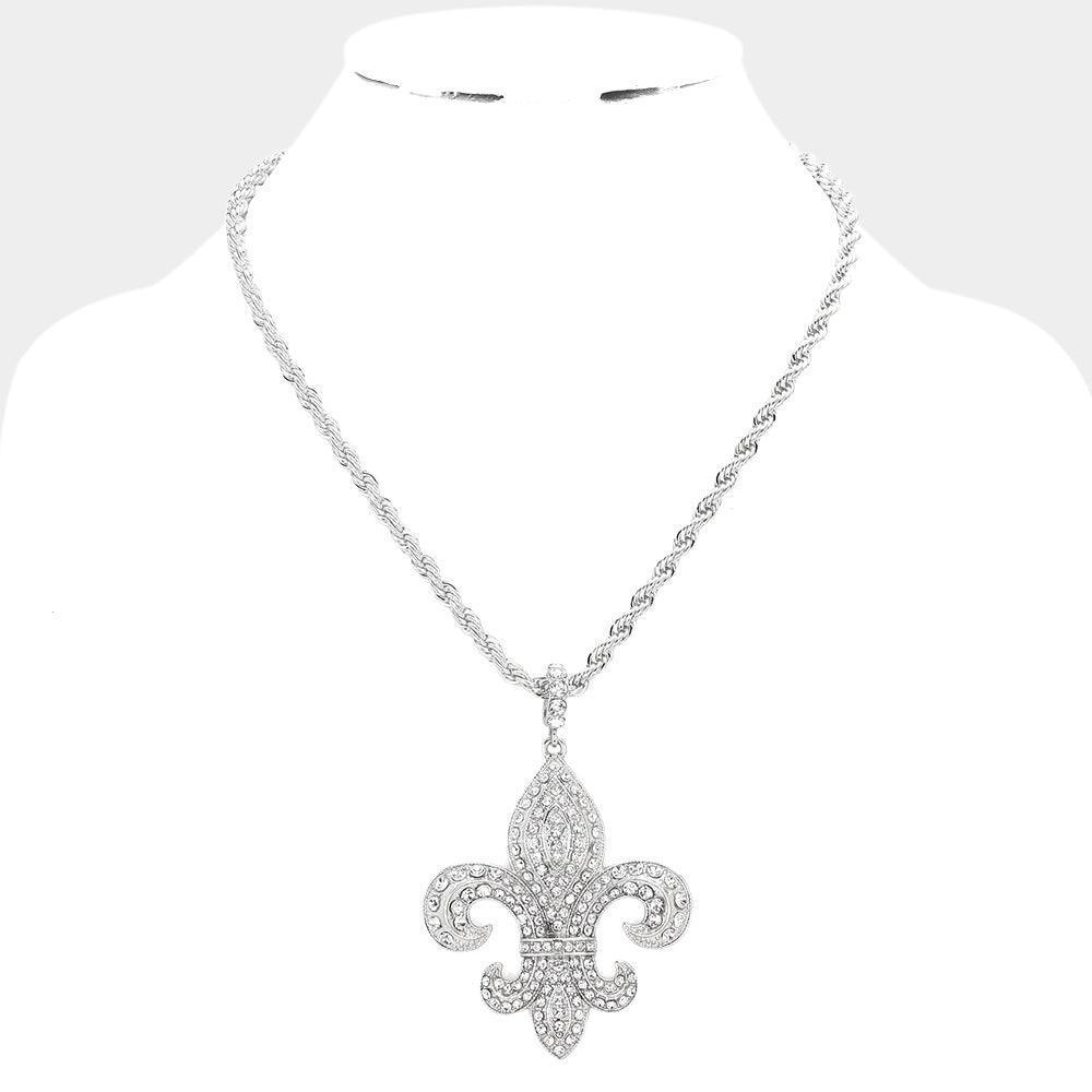 Rhinestone Embellished Fleur de Lis Pendant Necklace - Jewelry Store by Erik Rayo