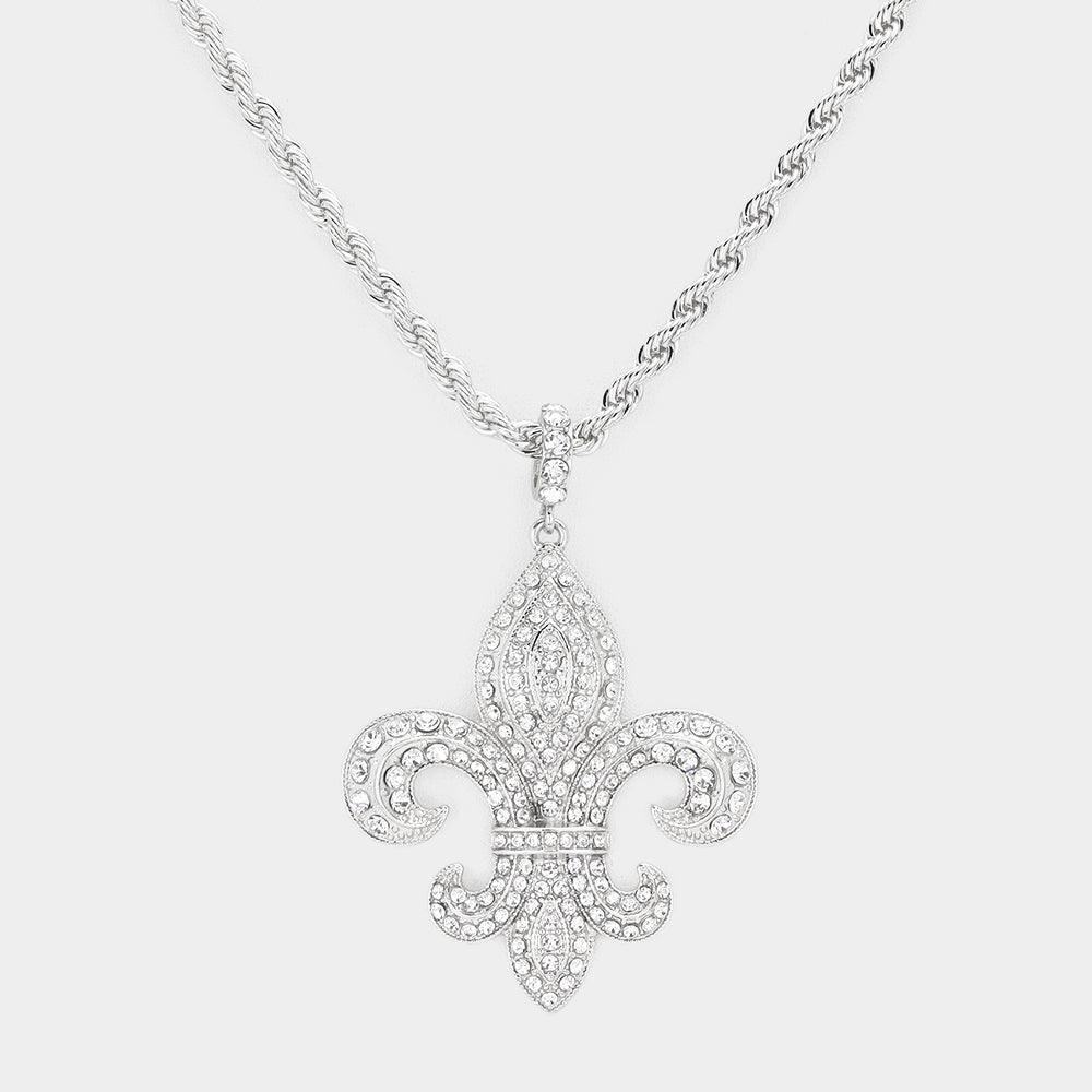 Rhinestone Embellished Fleur de Lis Pendant Necklace - Jewelry Store by Erik Rayo