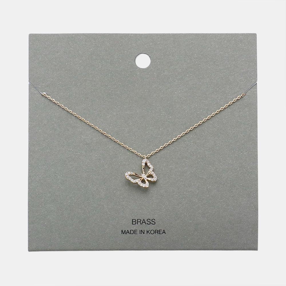 Gold Brass Metal Stone Paved Butterfly Pendant Necklace - Jewelry Store by Erik Rayo