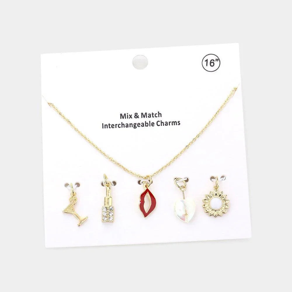 Gold Cocktail Rhinestone Embellished Lipstick Lips Heart Pearl Sunflower Interchangeable Pendant Necklace - Jewelry Store by Erik Rayo