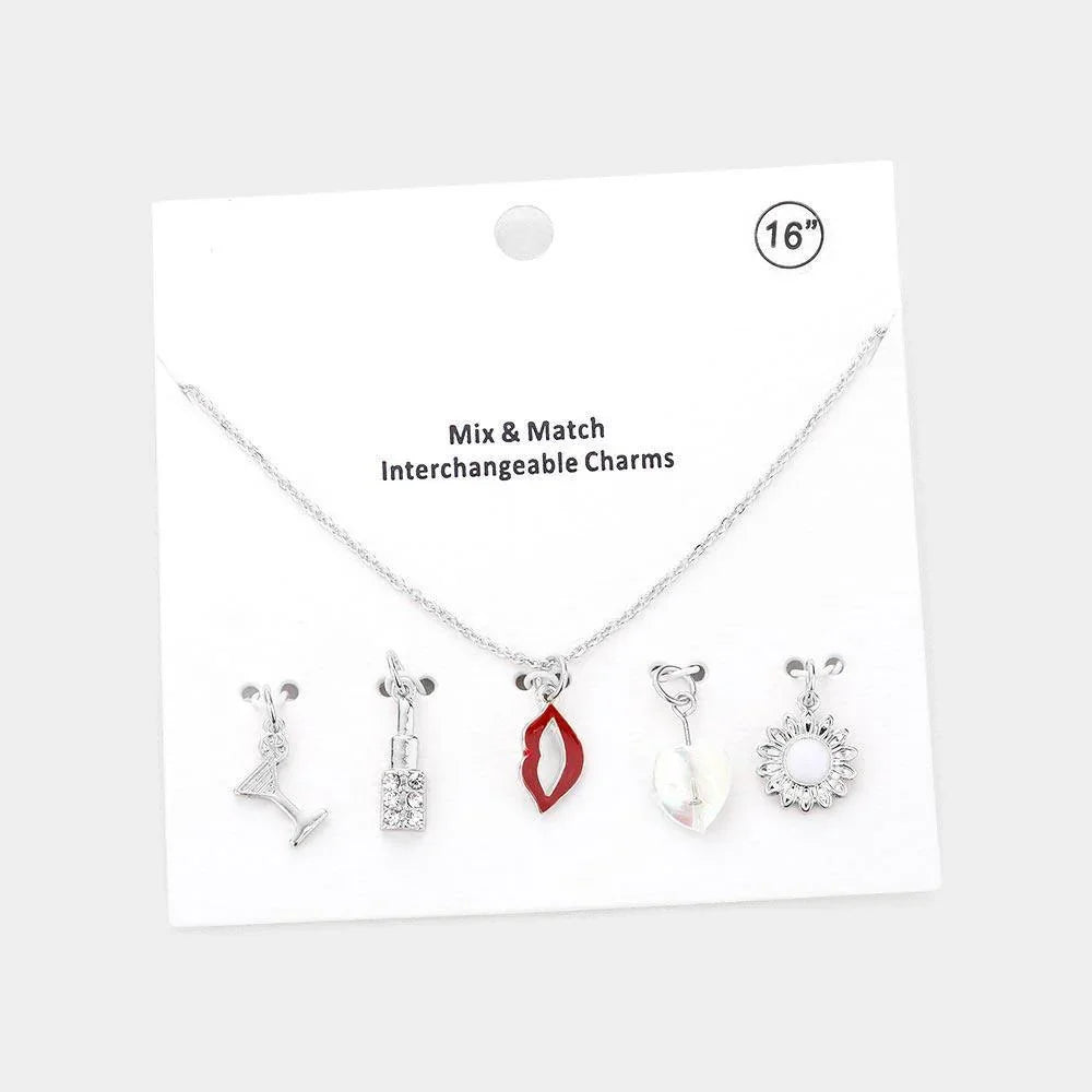 Cocktail Rhinestone Embellished Lipstick Lips Heart Pearl Sunflower Interchangeable Pendant Necklace - Jewelry Store by Erik Rayo