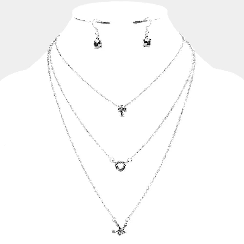 Triple Layer Stone Cross Heart Pendant Necklace - Jewelry Store by Erik Rayo