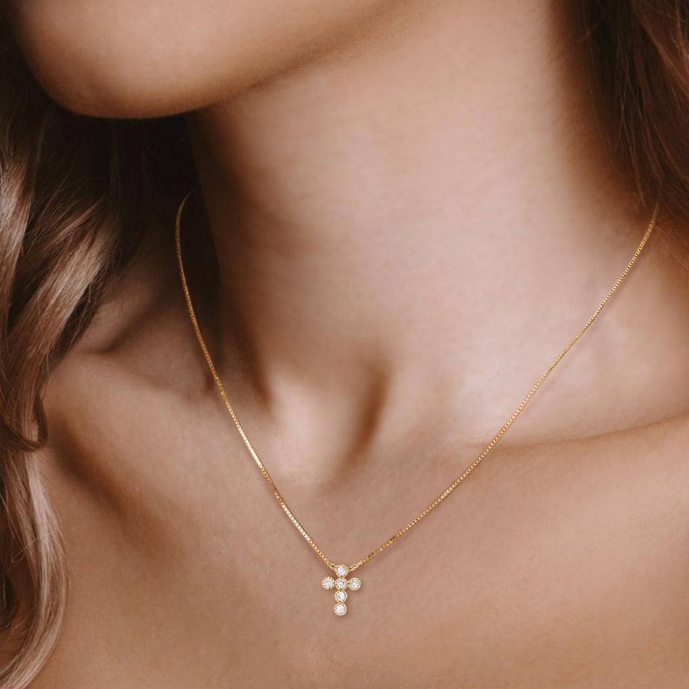 Gold CZ Stone Embellished Cross Pendant Necklace