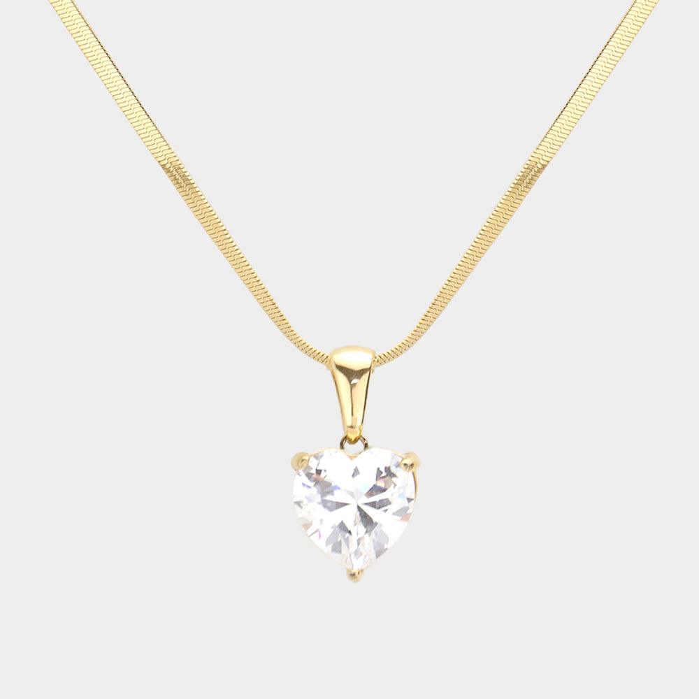 Gold 18K Gold Dipped Stainless Steel CZ Heart Pendant Necklace