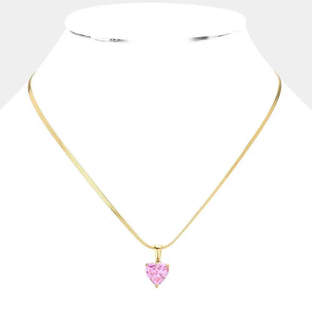 Pink 18K Gold Dipped Stainless Steel CZ Heart Pendant Necklace - Jewelry Store by Erik Rayo