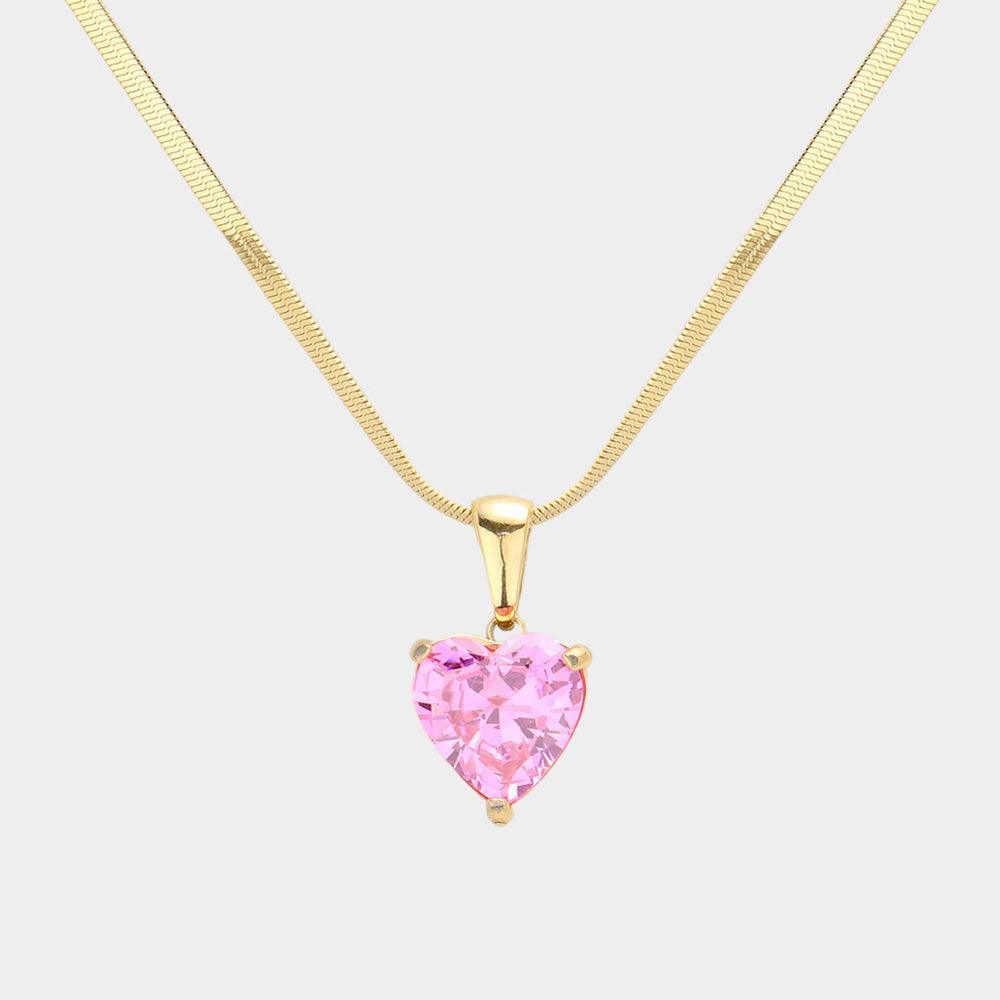 Pink 18K Gold Dipped Stainless Steel CZ Heart Pendant Necklace - Jewelry Store by Erik Rayo