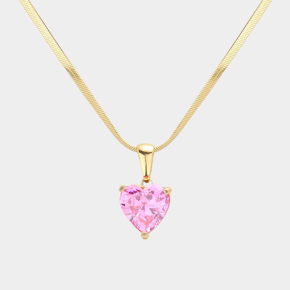 Pink 18K Gold Dipped Stainless Steel CZ Heart Pendant Necklace