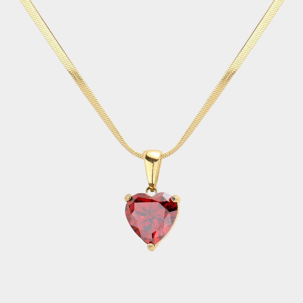 Red 18K Gold Dipped Stainless Steel CZ Heart Pendant Necklace