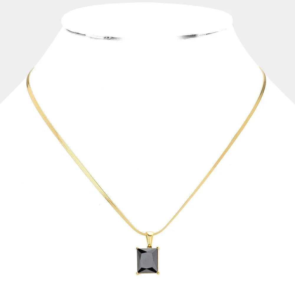 Black 18K Gold Dipped Stainless Steel CZ Rectangle Pendant Necklace - Jewelry Store by Erik Rayo