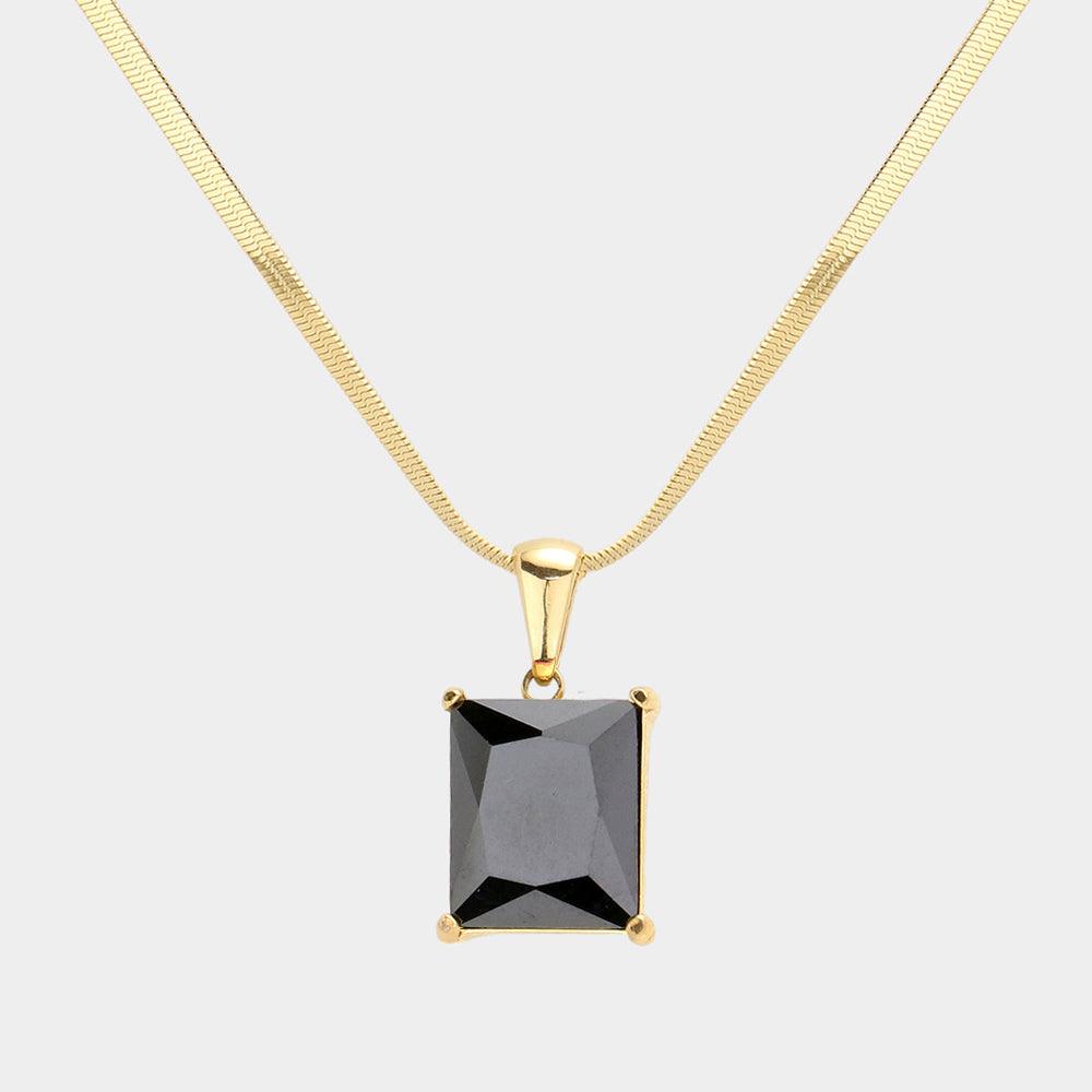 Black 18K Gold Dipped Stainless Steel CZ Rectangle Pendant Necklace