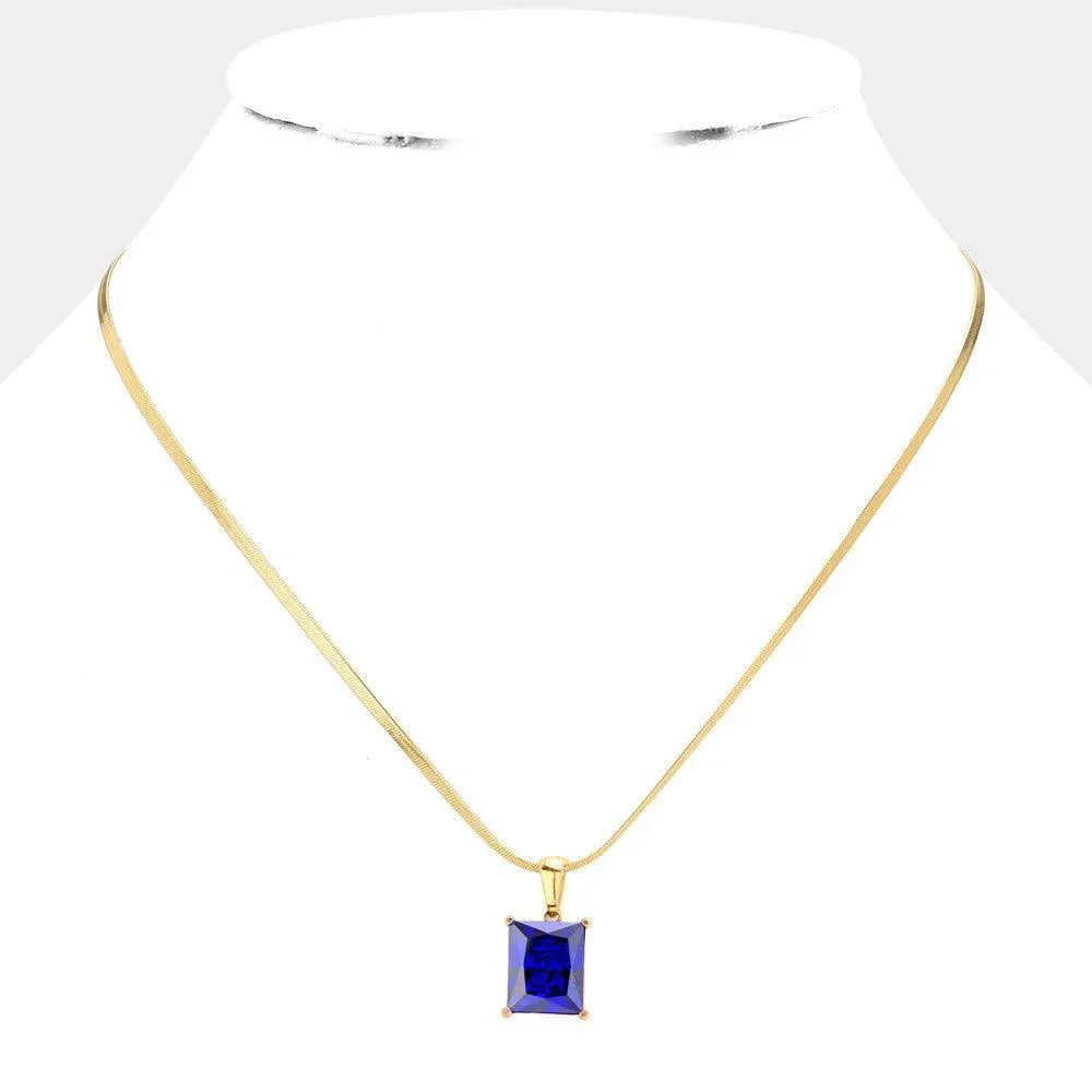 Blue 18K Gold Dipped Stainless Steel CZ Rectangle Pendant Necklace - Jewelry Store by Erik Rayo