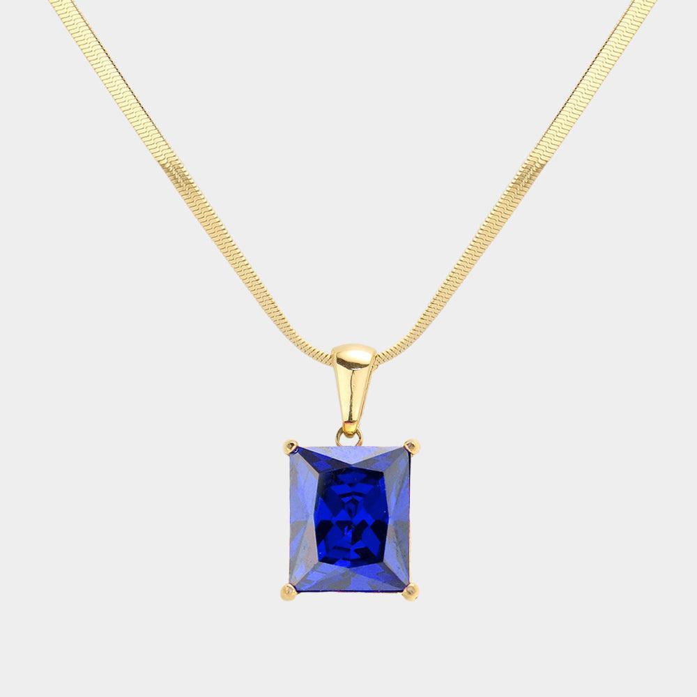 Blue 18K Gold Dipped Stainless Steel CZ Rectangle Pendant Necklace - Jewelry Store by Erik Rayo