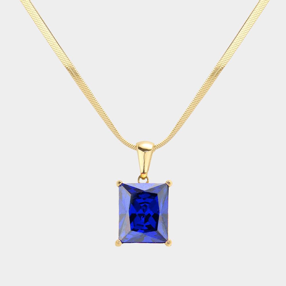 Blue 18K Gold Dipped Stainless Steel CZ Rectangle Pendant Necklace