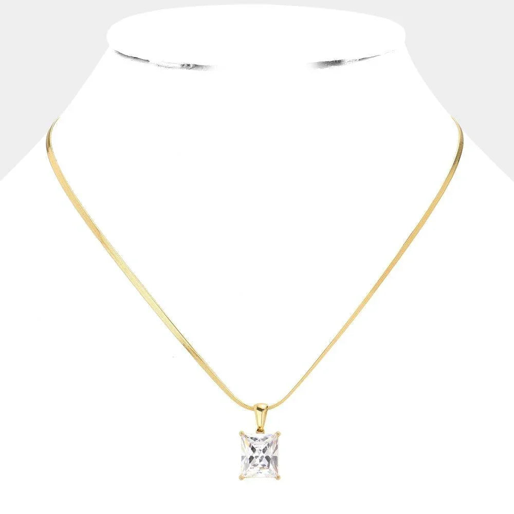 Clear 18K Gold Dipped Stainless Steel CZ Rectangle Pendant Necklace - Jewelry Store by Erik Rayo