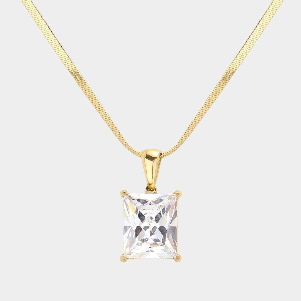 Clear 18K Gold Dipped Stainless Steel CZ Rectangle Pendant Necklace - Jewelry Store by Erik Rayo