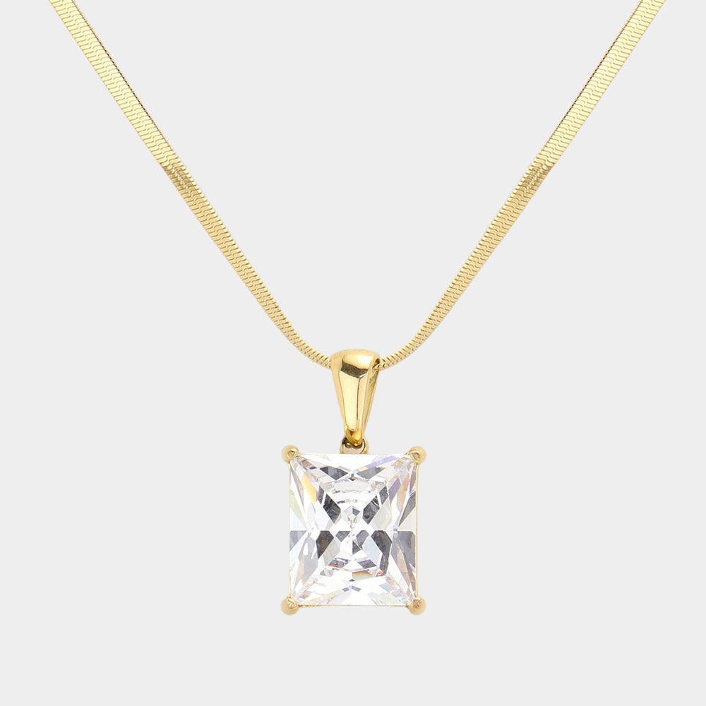 Clear 18K Gold Dipped Stainless Steel CZ Rectangle Pendant Necklace