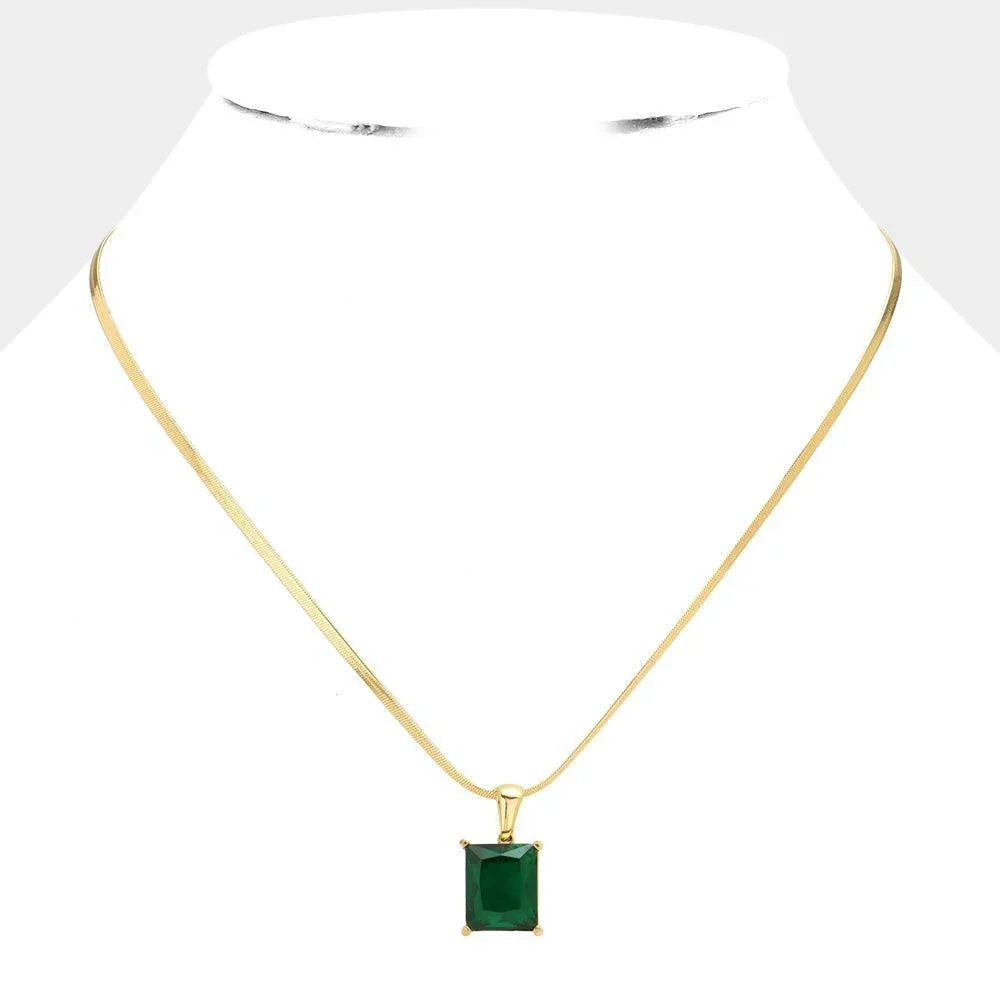 Green 18K Gold Dipped Stainless Steel CZ Rectangle Pendant Necklace - Jewelry Store by Erik Rayo
