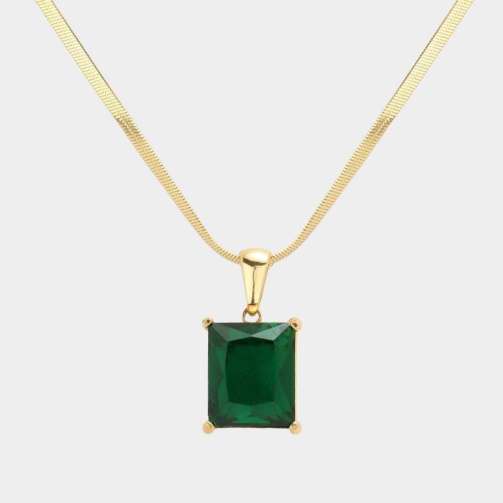 Green 18K Gold Dipped Stainless Steel CZ Rectangle Pendant Necklace - Jewelry Store by Erik Rayo
