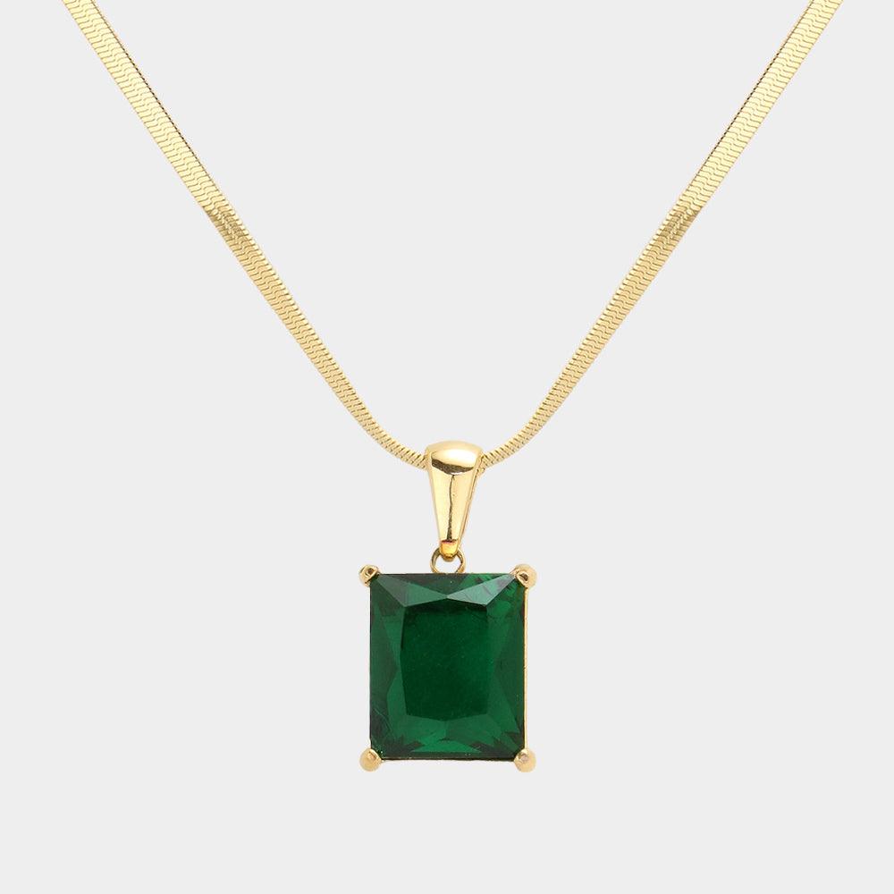 Green 18K Gold Dipped Stainless Steel CZ Rectangle Pendant Necklace