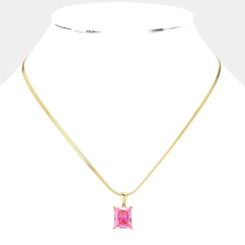 Pink 18K Gold Dipped Stainless Steel CZ Rectangle Pendant Necklace - Jewelry Store by Erik Rayo
