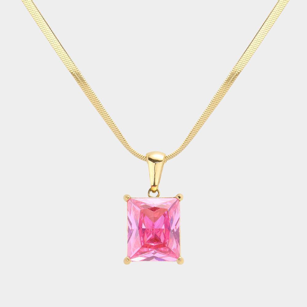 Pink 18K Gold Dipped Stainless Steel CZ Rectangle Pendant Necklace - Jewelry Store by Erik Rayo