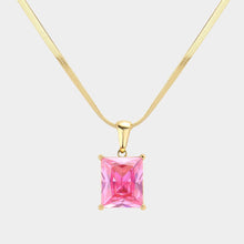 Load image into Gallery viewer, Pink 18K Gold Dipped Stainless Steel CZ Rectangle Pendant Necklace
