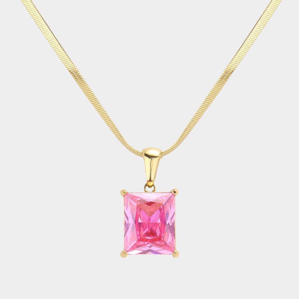 Pink 18K Gold Dipped Stainless Steel CZ Rectangle Pendant Necklace