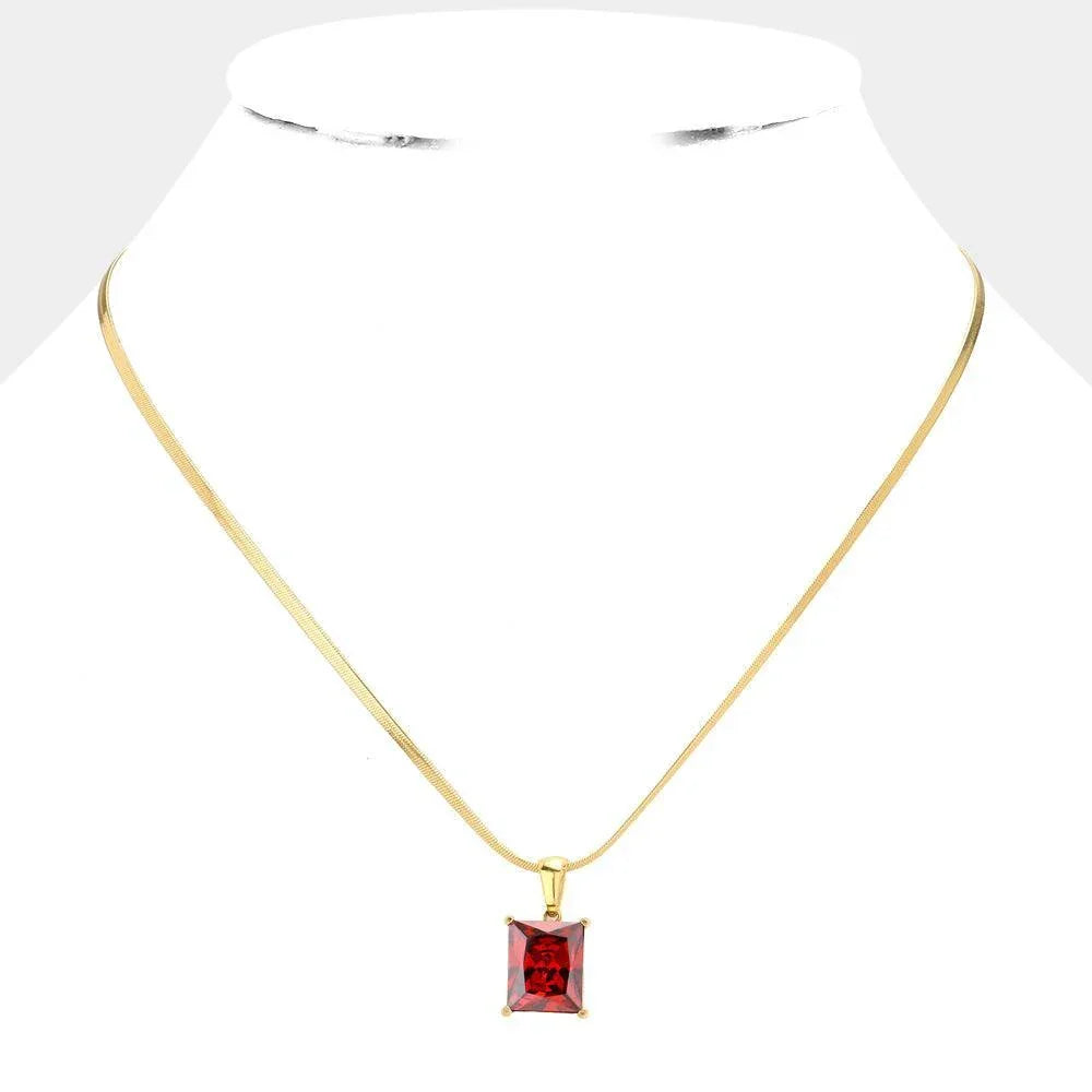 Red 18K Gold Dipped Stainless Steel CZ Rectangle Pendant Necklace - Jewelry Store by Erik Rayo