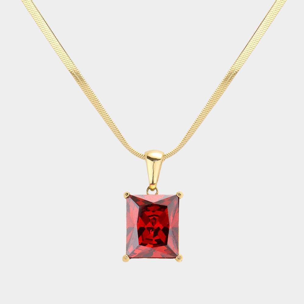 Red 18K Gold Dipped Stainless Steel CZ Rectangle Pendant Necklace - Jewelry Store by Erik Rayo