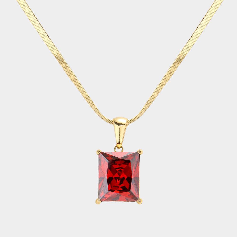 Red 18K Gold Dipped Stainless Steel CZ Rectangle Pendant Necklace