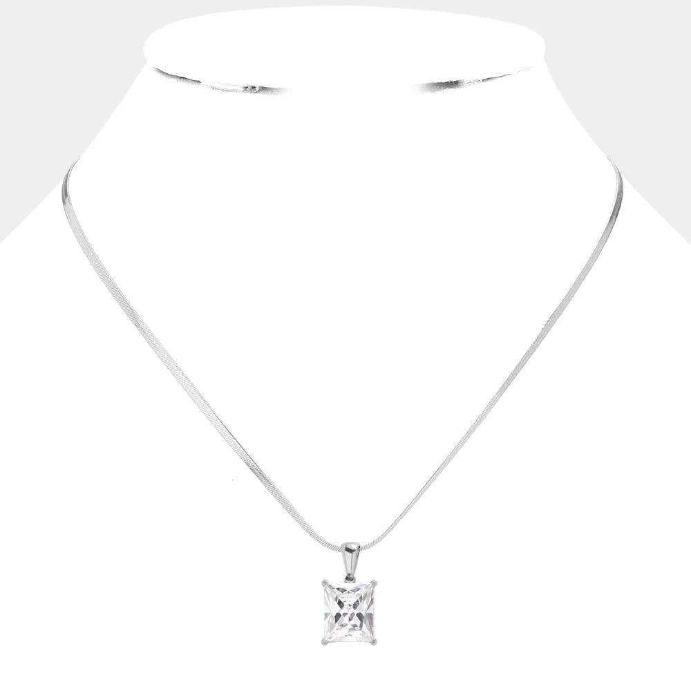 Clear Stainless Steel CZ Rectangle Pendant Necklace - Jewelry Store by Erik Rayo