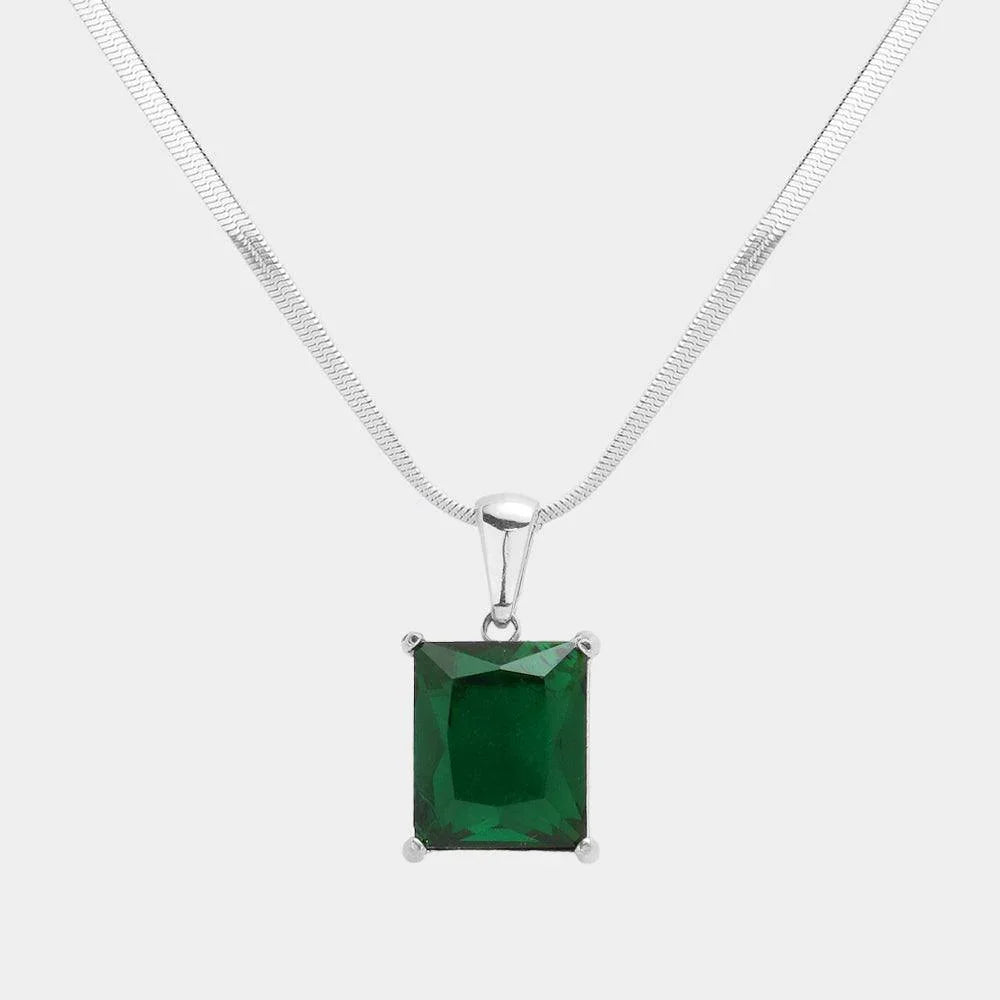 Green Stainless Steel CZ Rectangle Pendant Necklace - Jewelry Store by Erik Rayo