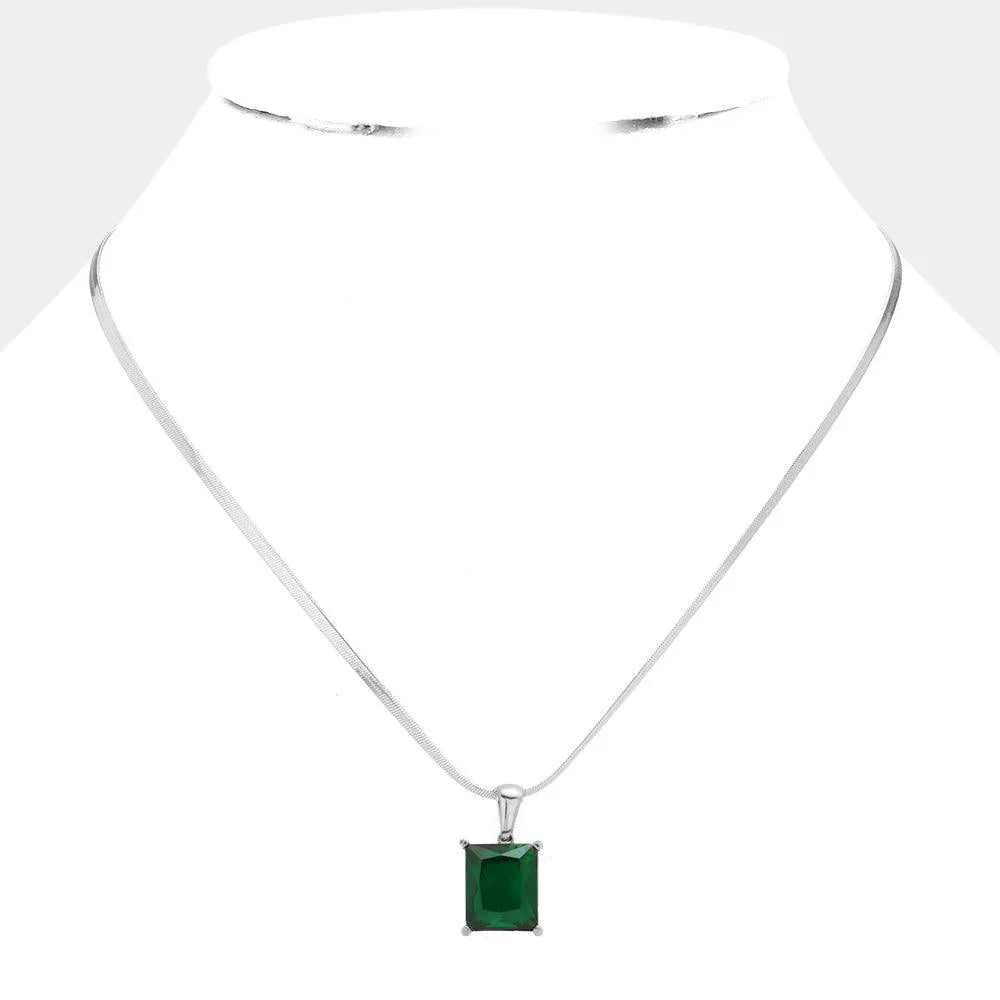Green Stainless Steel CZ Rectangle Pendant Necklace - Jewelry Store by Erik Rayo